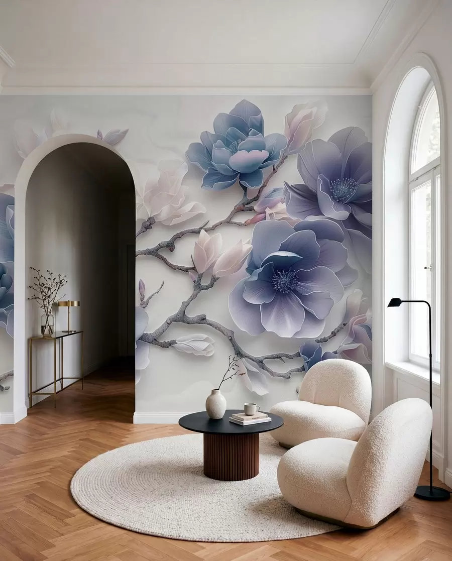 murais de parede Flores de magnólia azul em relevo em um galho gracioso w01359v1