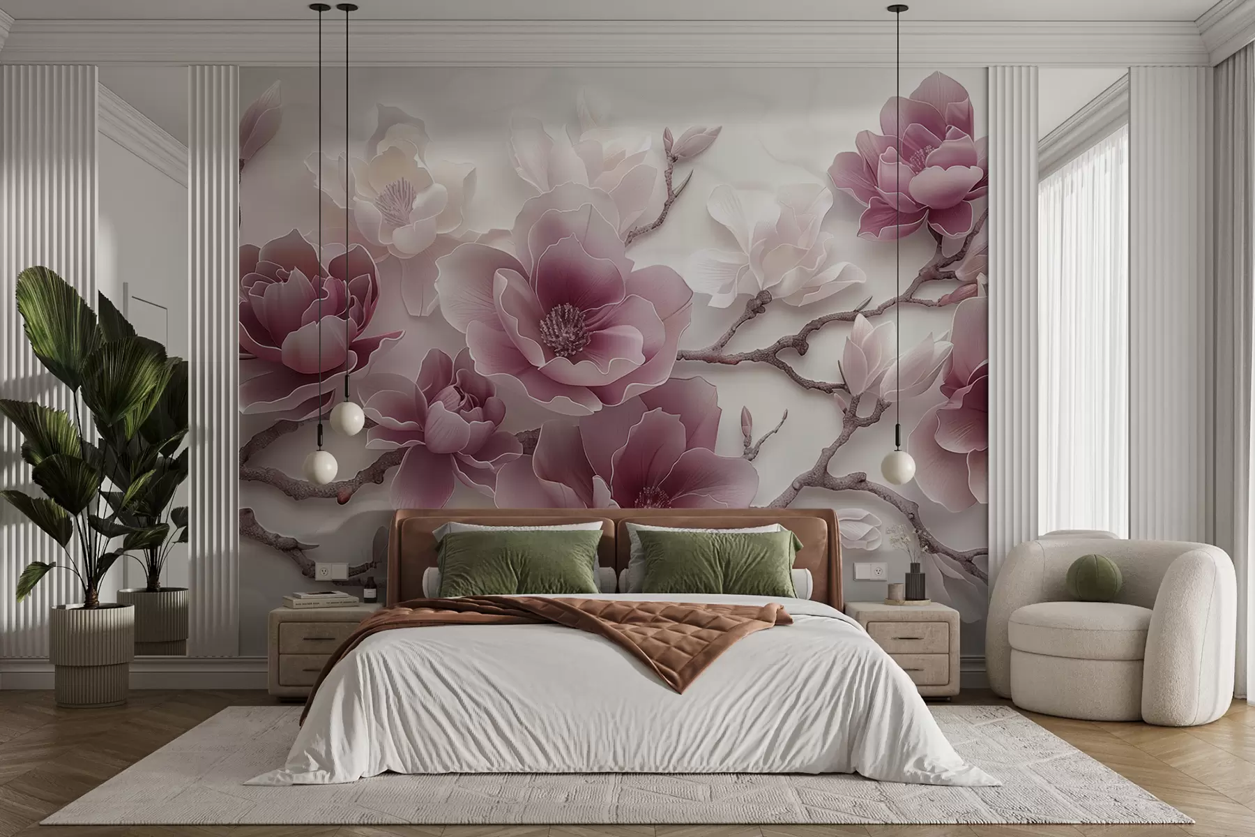 murais de parede Flores de magnólia rosa em relevo em um galho gracioso w01359v2