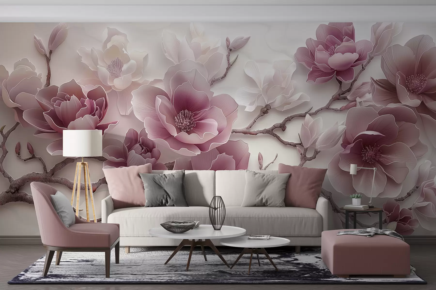 murais de parede Flores de magnólia rosa em relevo em um galho gracioso w01359v2