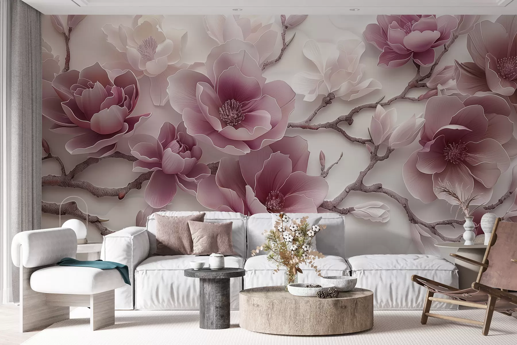 murais de parede Flores de magnólia rosa em relevo em um galho gracioso w01359v2