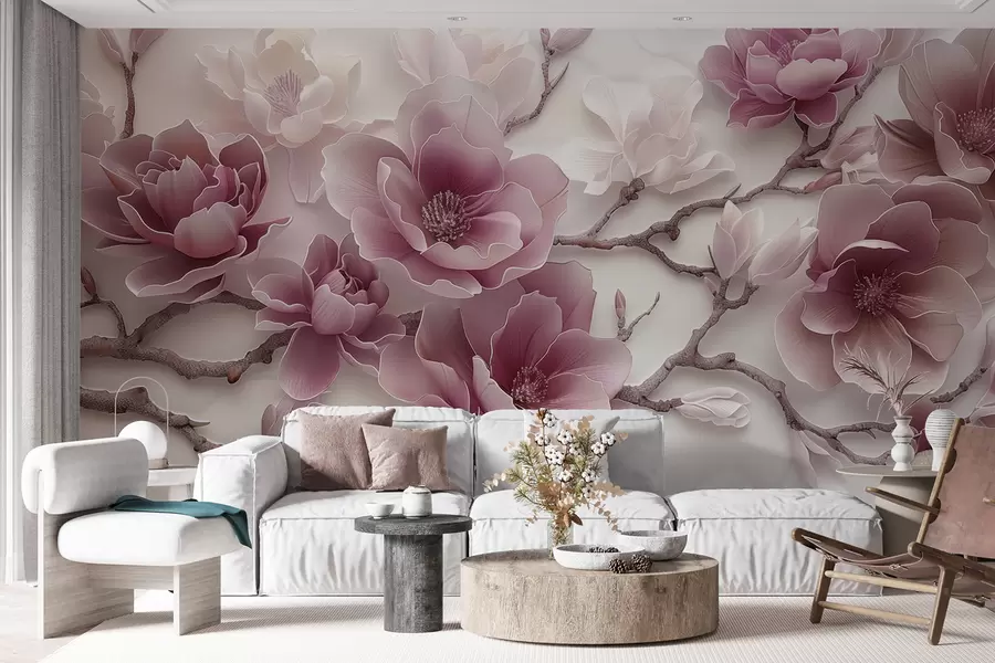 murais de parede Flores de magnólia rosa em relevo em um galho gracioso w01359v2