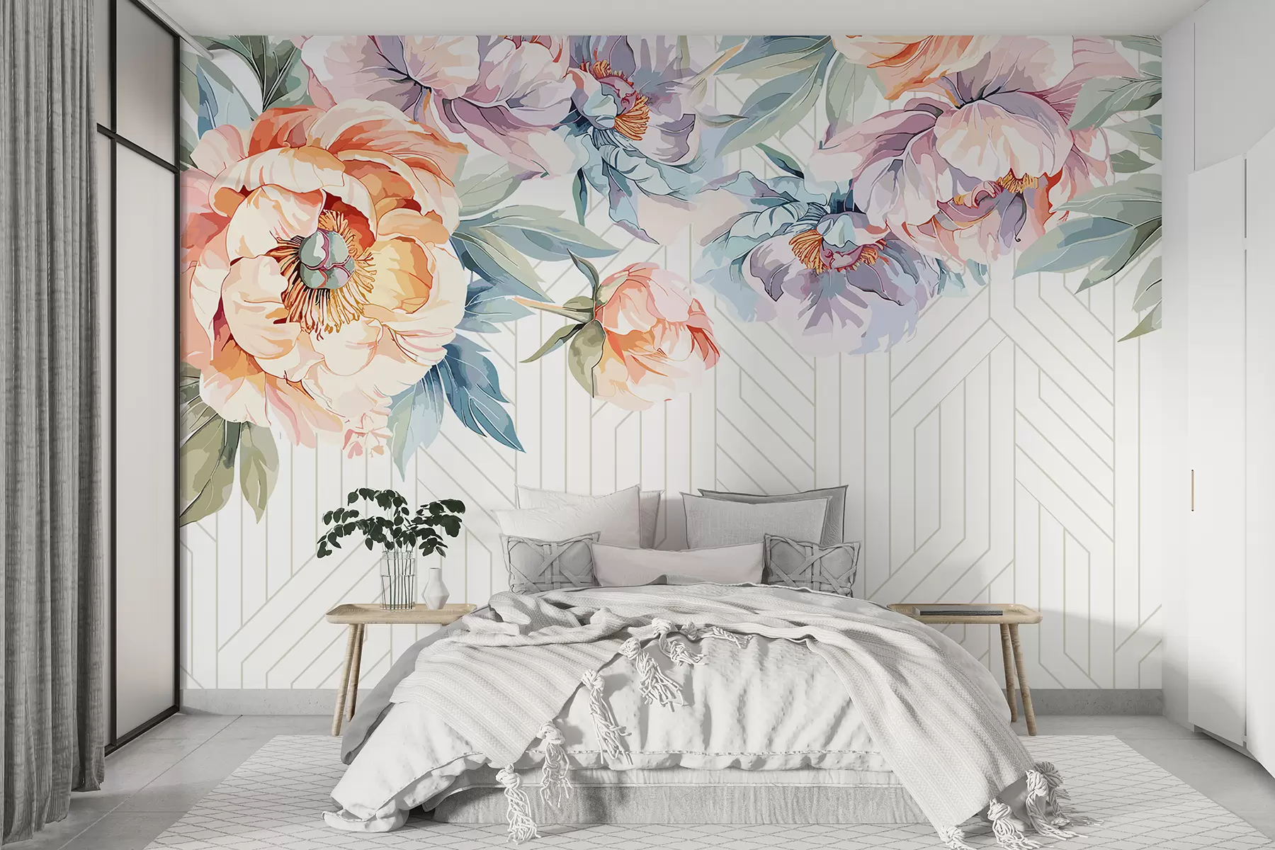 murais de parede Peônias abstratas vibrantes de pêssego e rosa com folhas verdes sobre um fundo de padrão branco e cinza w08183