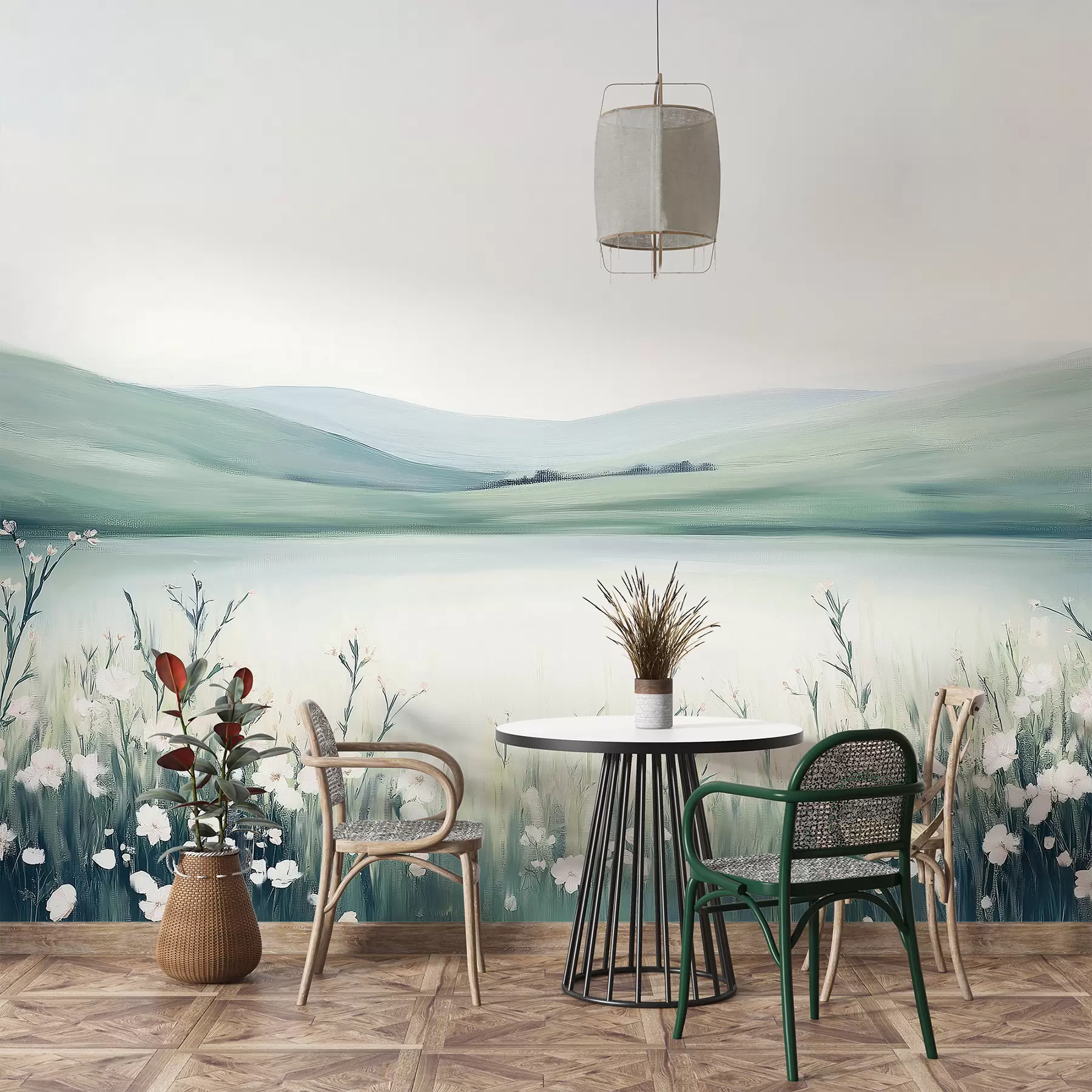 murais de parede Prado de flores, paisagem natural, lago, paleta de cores verde e azul  w01387v1