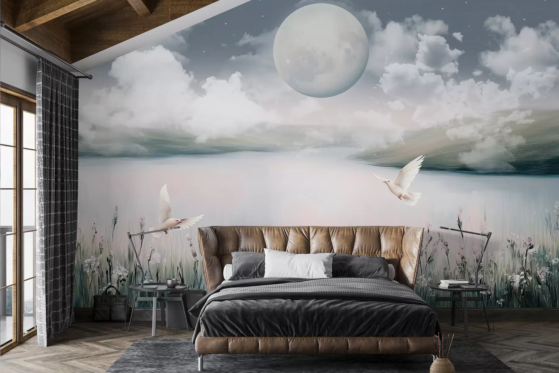 murais de parede Bela paisagem com lago, prado de flores, lua no céu estrelado da noite, pássaros voando, nuvens w01389