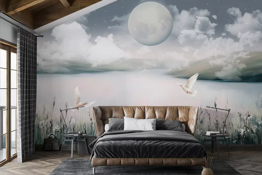 murais de parede Bela paisagem com lago, prado de flores, lua no céu estrelado da noite, pássaros voando, nuvens w01389