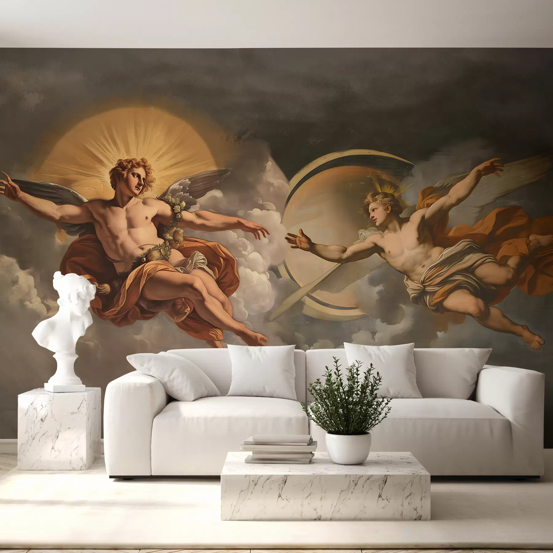 murais de parede mural de parede no estilo de afrescos renascentistas em tons de bege e escuro. Duas figuras masculinas de deuses estendendo-se uma para a outra w08137