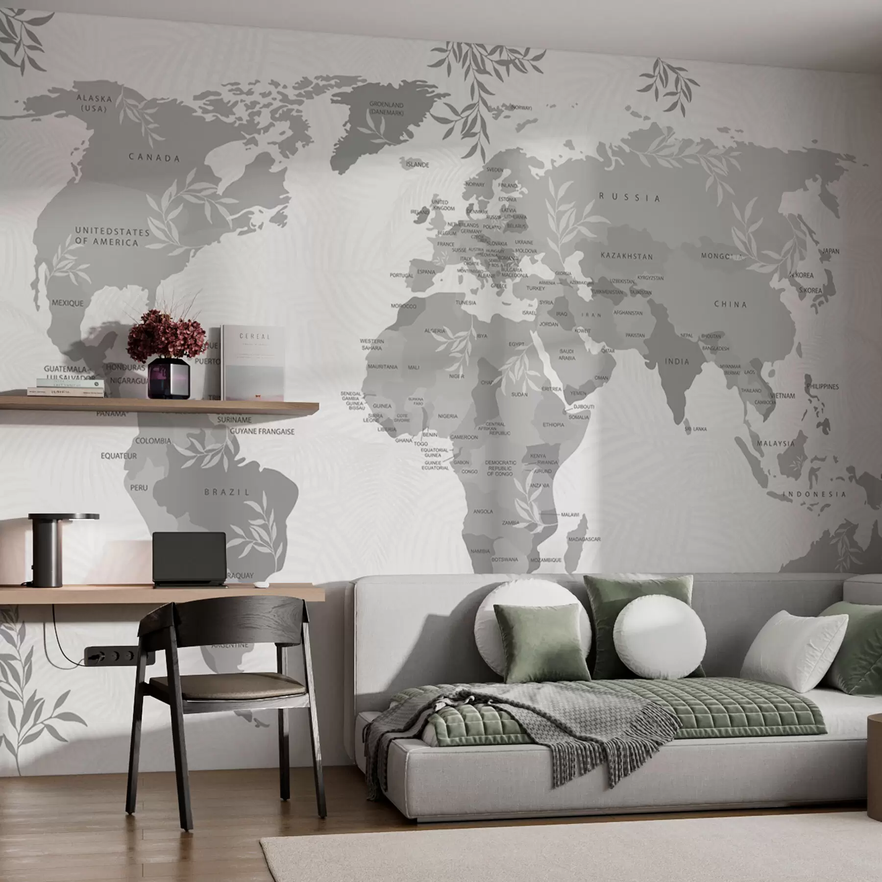 murais de parede Mapa do mundo elegante com folhas e plantas cor cinza w08211v2