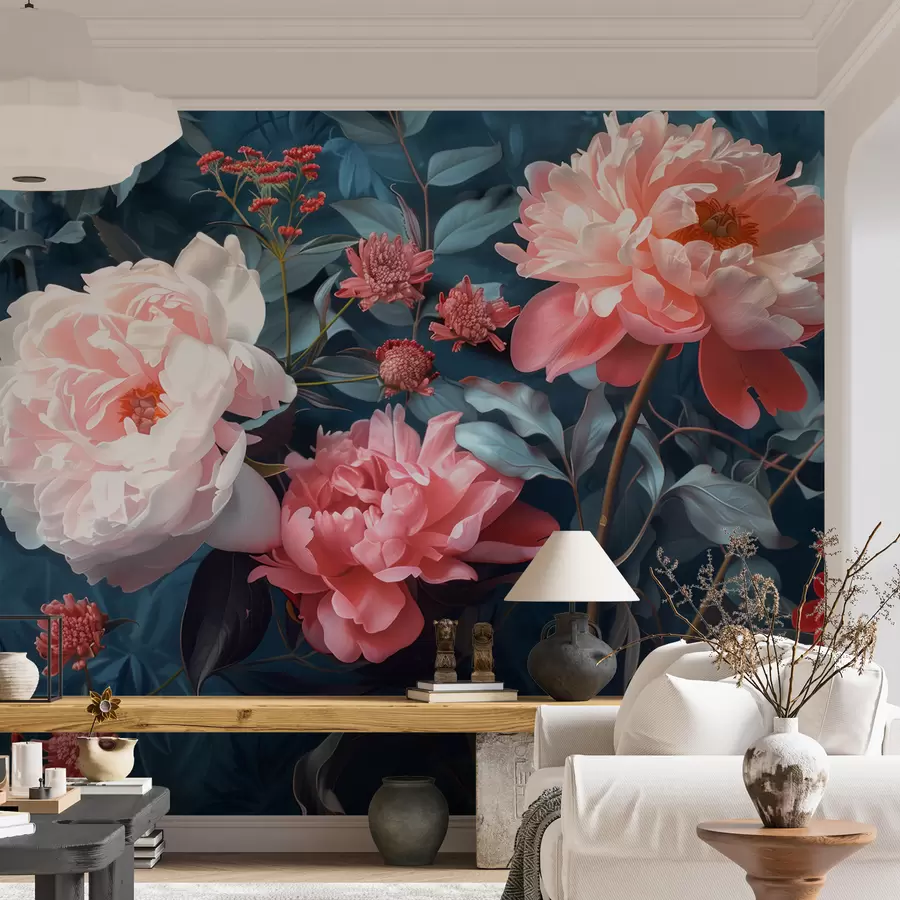 murais de parede Flores de peônia da meia-noite w01392