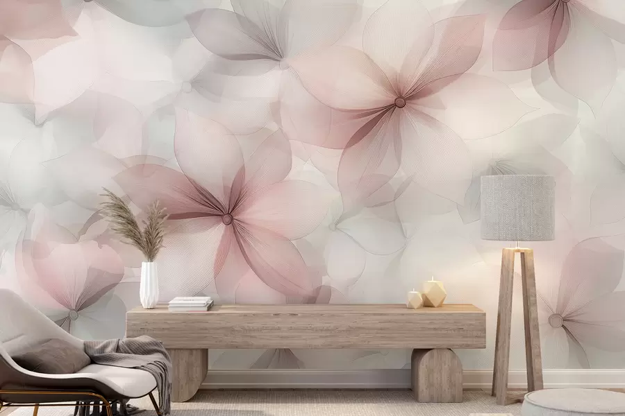 murais de parede Composição floral, cores suaves rosa e cinza, padrão de flores w01446v1