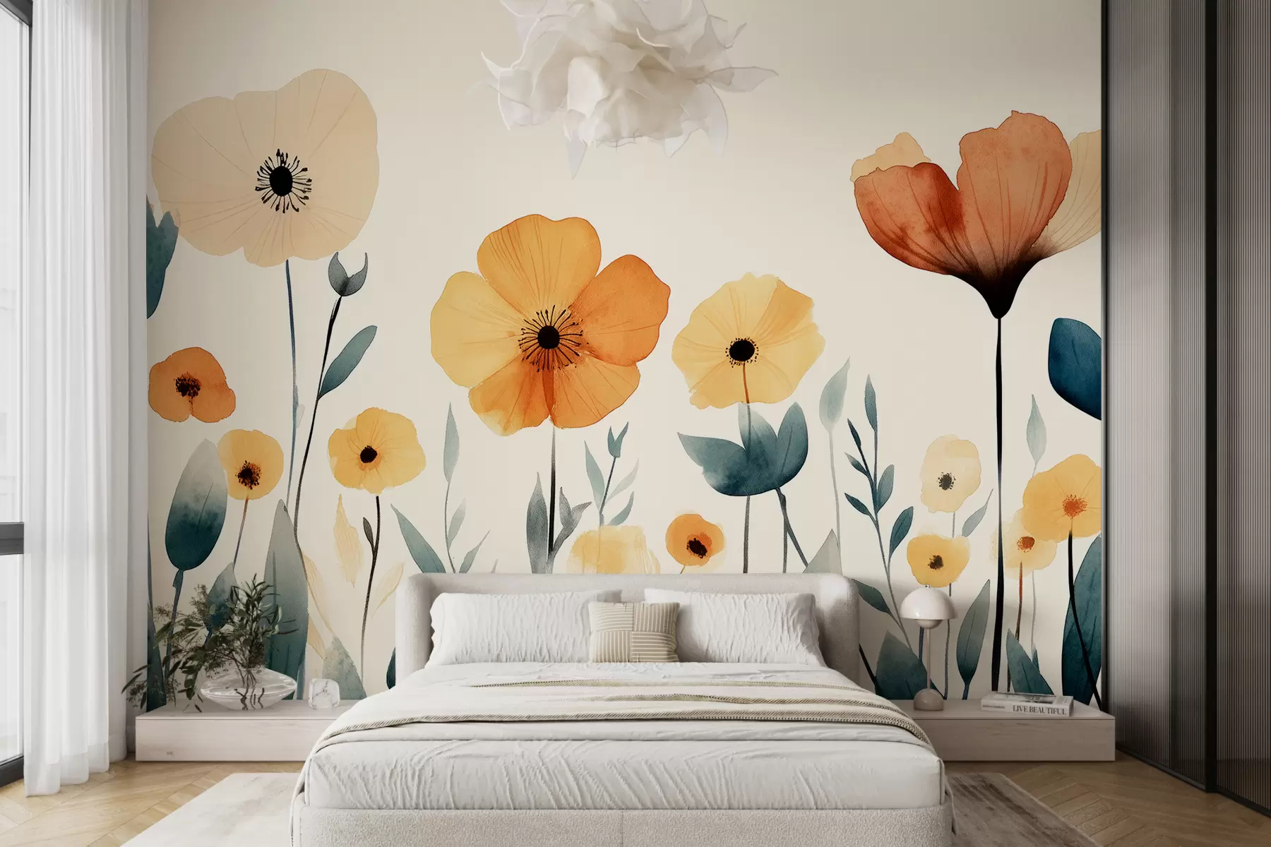 murais de parede Flores de prado em aquarela, rústica, composição floral, desenho simples, bege, laranja, azul  w01453