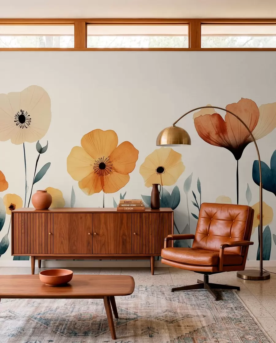 murais de parede Flores de prado em aquarela, rústica, composição floral, desenho simples, bege, laranja, azul  w01453