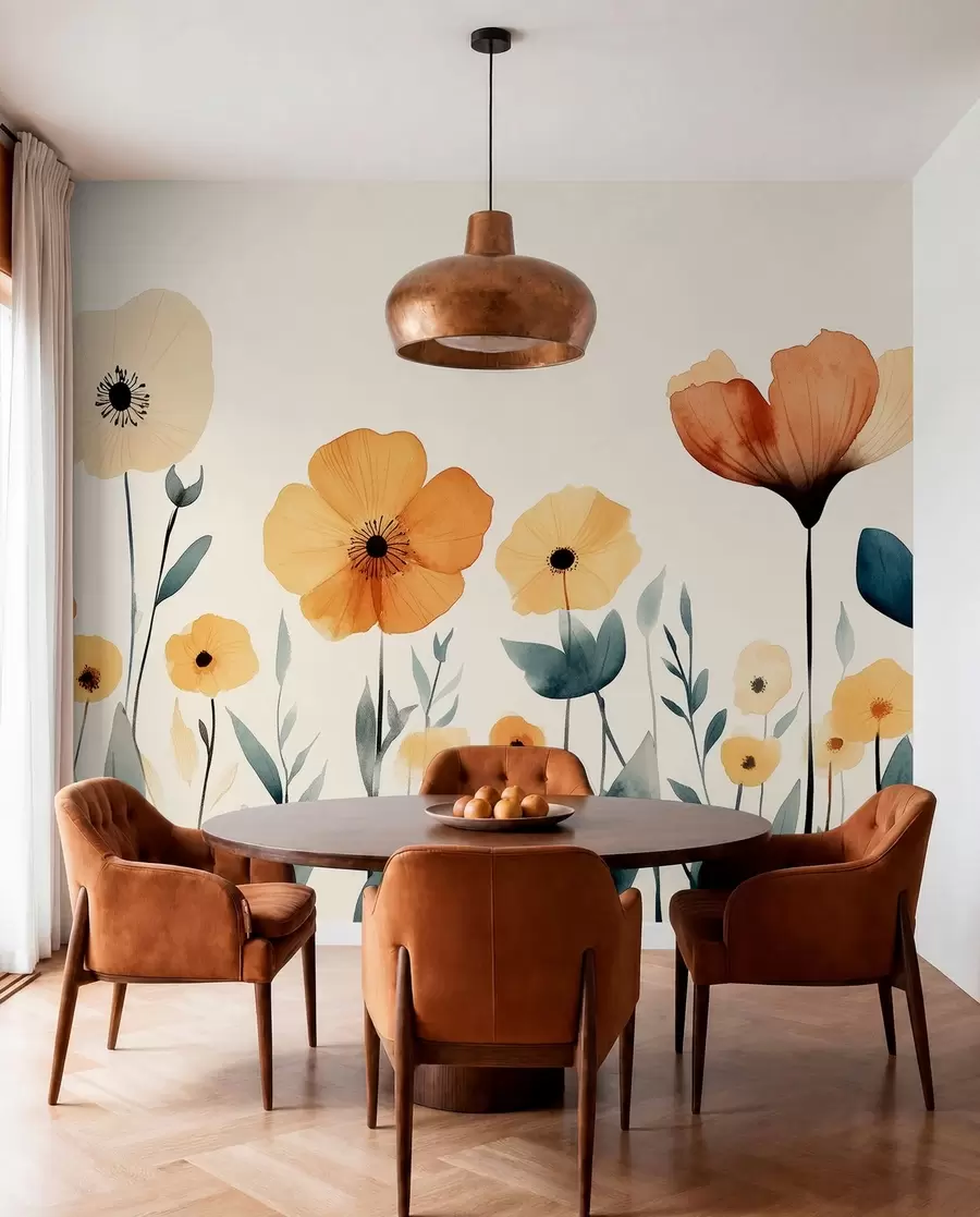 murais de parede Flores de prado em aquarela, rústica, composição floral, desenho simples, bege, laranja, azul  w01453