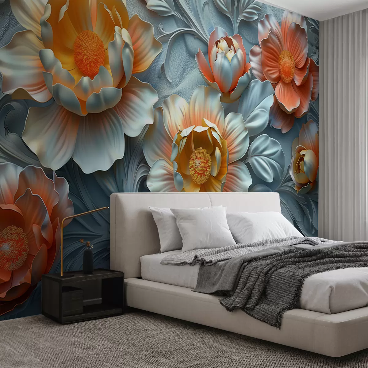murais de parede Ilustração 3D de flores brilhantes abstratas em estilo barroco em um fundo de planta w01427