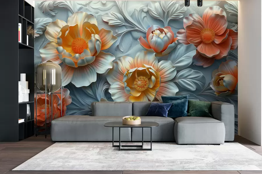 murais de parede Ilustração 3D de flores brilhantes abstratas em estilo barroco em um fundo de planta w01427