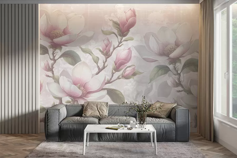 murais de parede Delicadas flores de magnólia rosa em plena floração contra um fundo suave e desfocado w08216