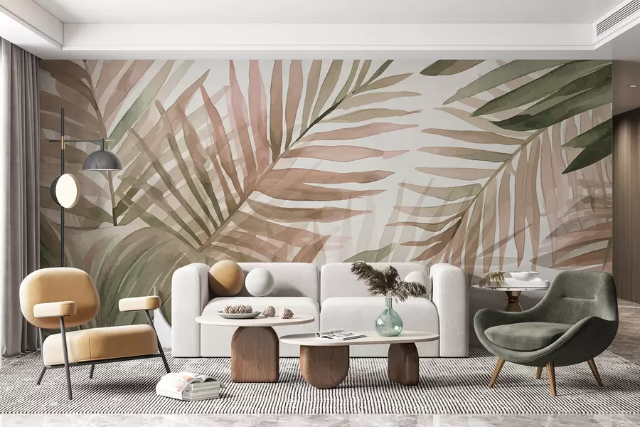 murais de parede Folhas de palmeira em aquarela em vários tons de verde e rosa sobre um fundo claro w08218