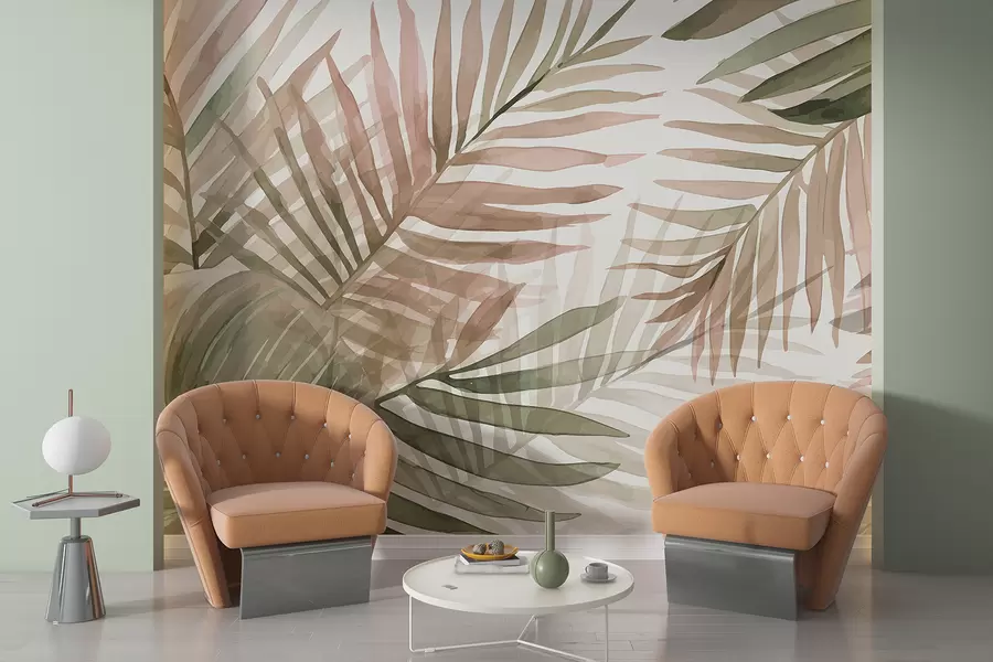 murais de parede Folhas de palmeira em aquarela em vários tons de verde e rosa sobre um fundo claro w08218