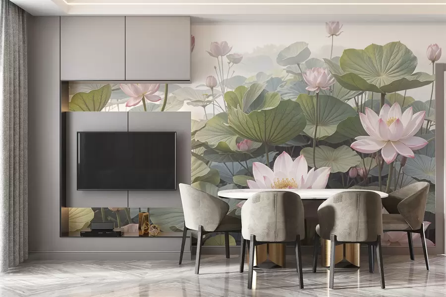 murais de parede Flores de lótus rosa e brancas com grandes folhas verdes, cercadas por um fundo nebuloso e atmosférico w08221