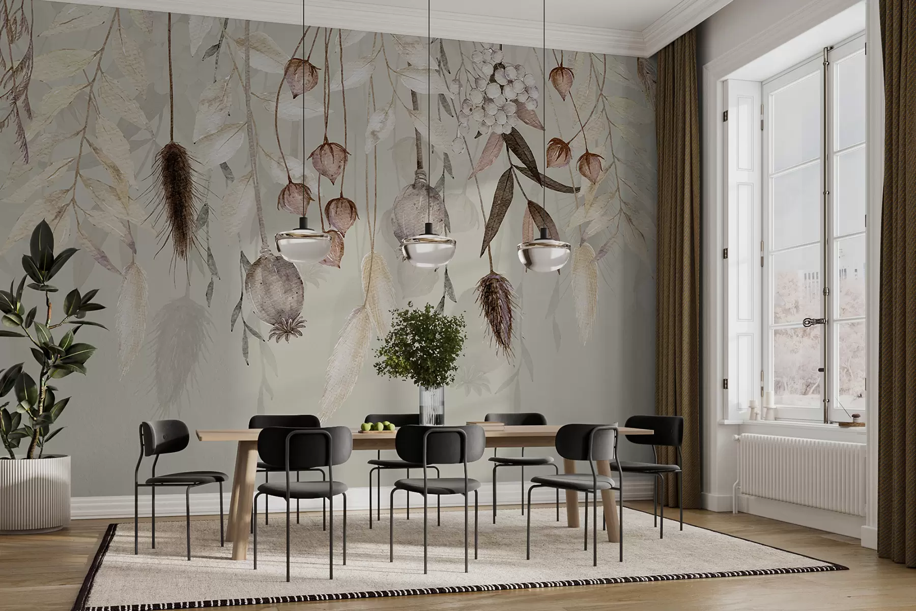 murais de parede Arranjo floral delicado com flores secas, folhas e penas penduradas em um fundo suave w08230