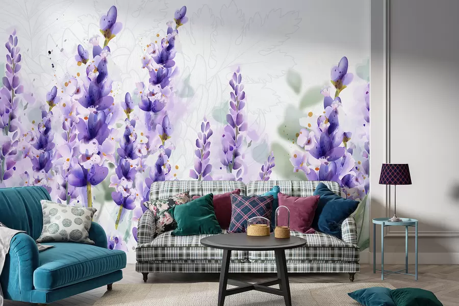 murais de parede Flores de lavanda roxa em um campo, com foco suave e fundo desfocado w08231