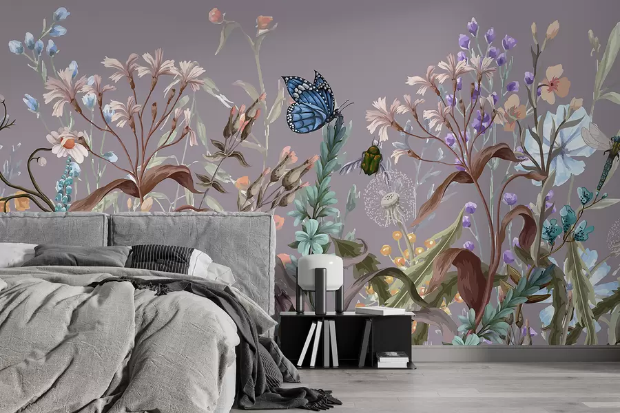 murais de parede Uma ilustração colorida em violeta de uma cena de jardim florido e exuberante com insetos em um estilo onírico e fantástico w08234v1