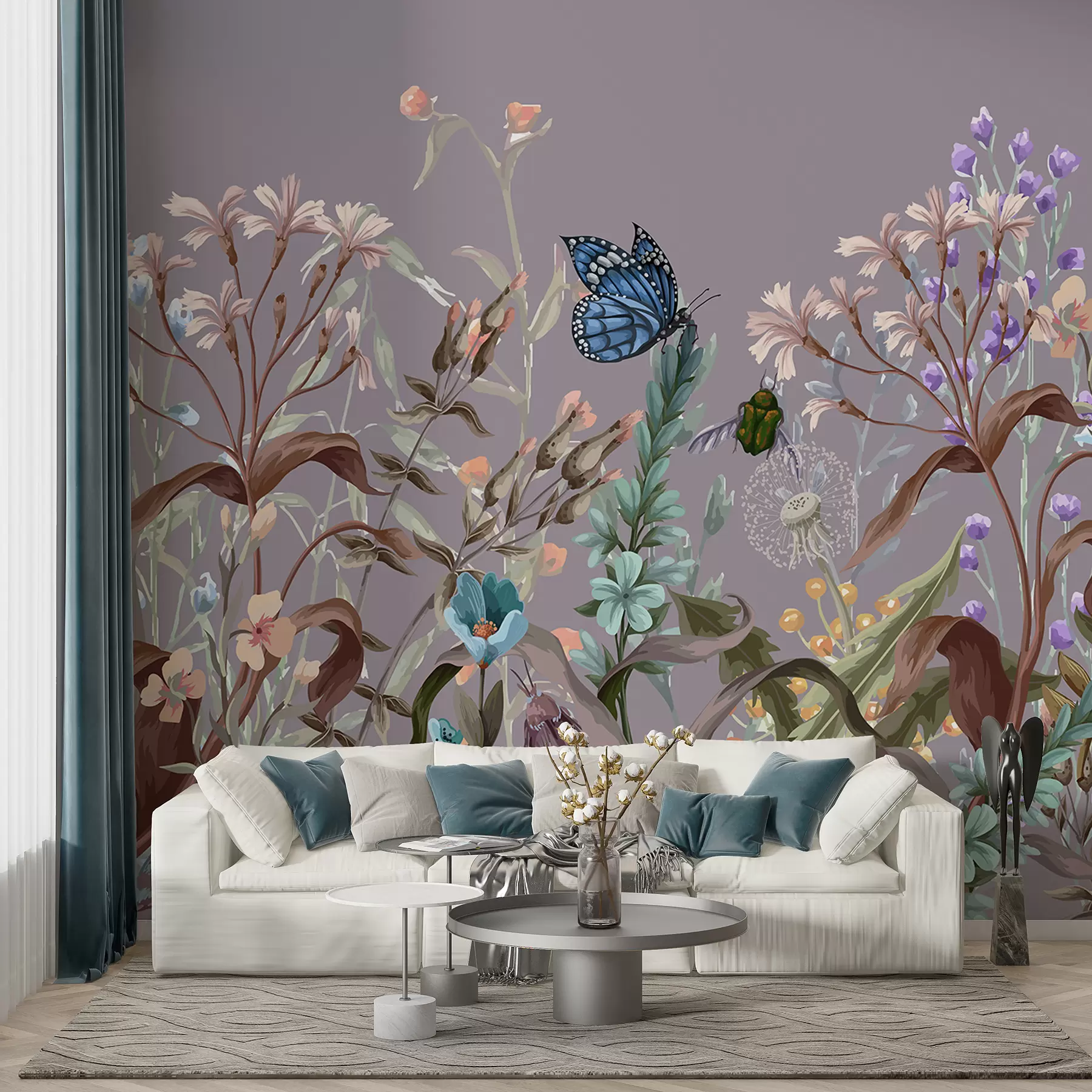 murais de parede Uma ilustração colorida em violeta de uma cena de jardim florido e exuberante com insetos em um estilo onírico e fantástico w08234v1