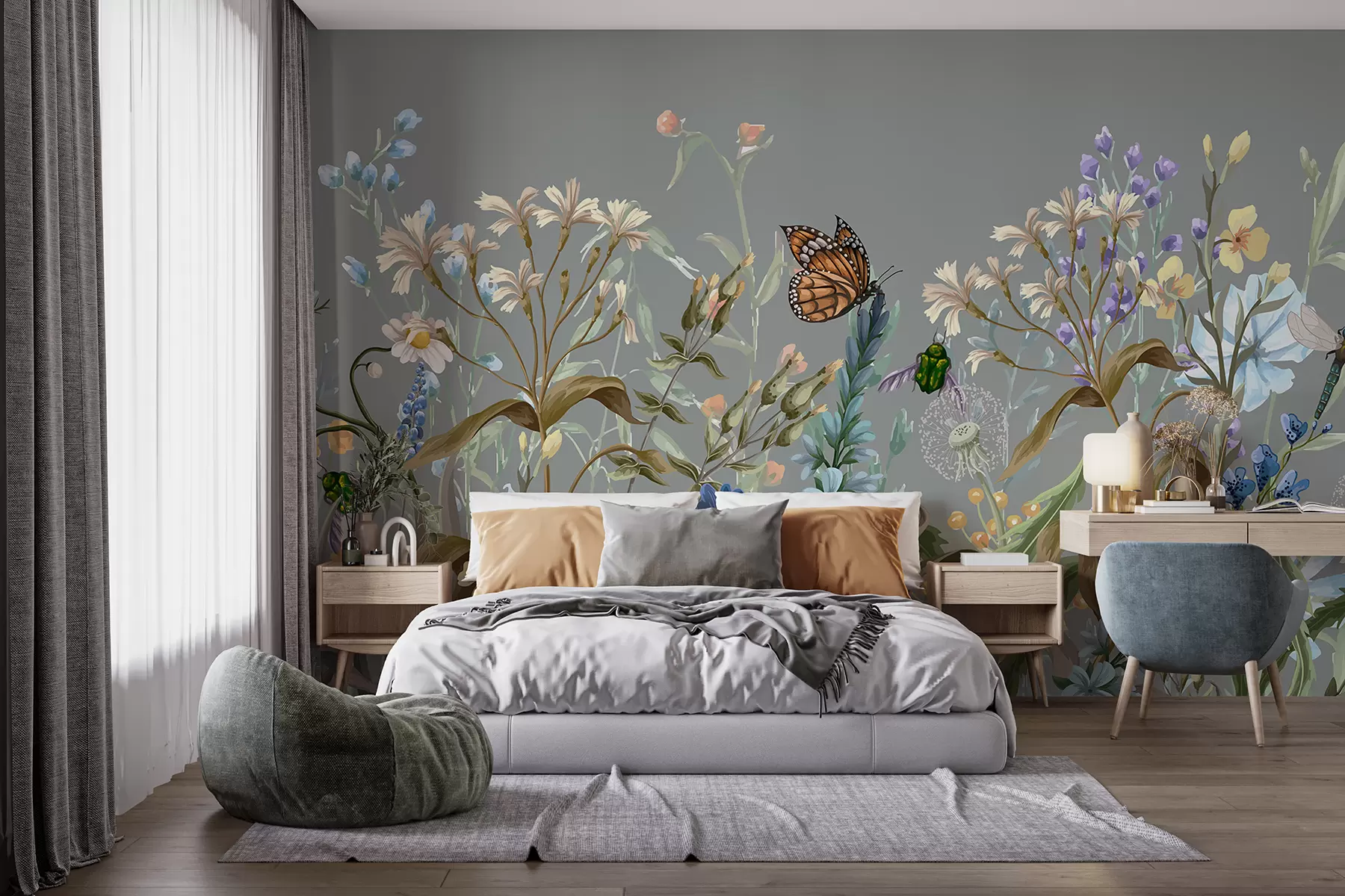 murais de parede Uma ilustração colorida em azul de uma cena de jardim exuberante e florido com insetos em um estilo onírico e fantástico w08234