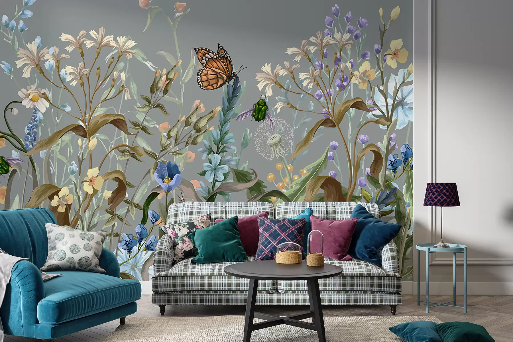 murais de parede Uma ilustração colorida em azul de uma cena de jardim exuberante e florido com insetos em um estilo onírico e fantástico w08234