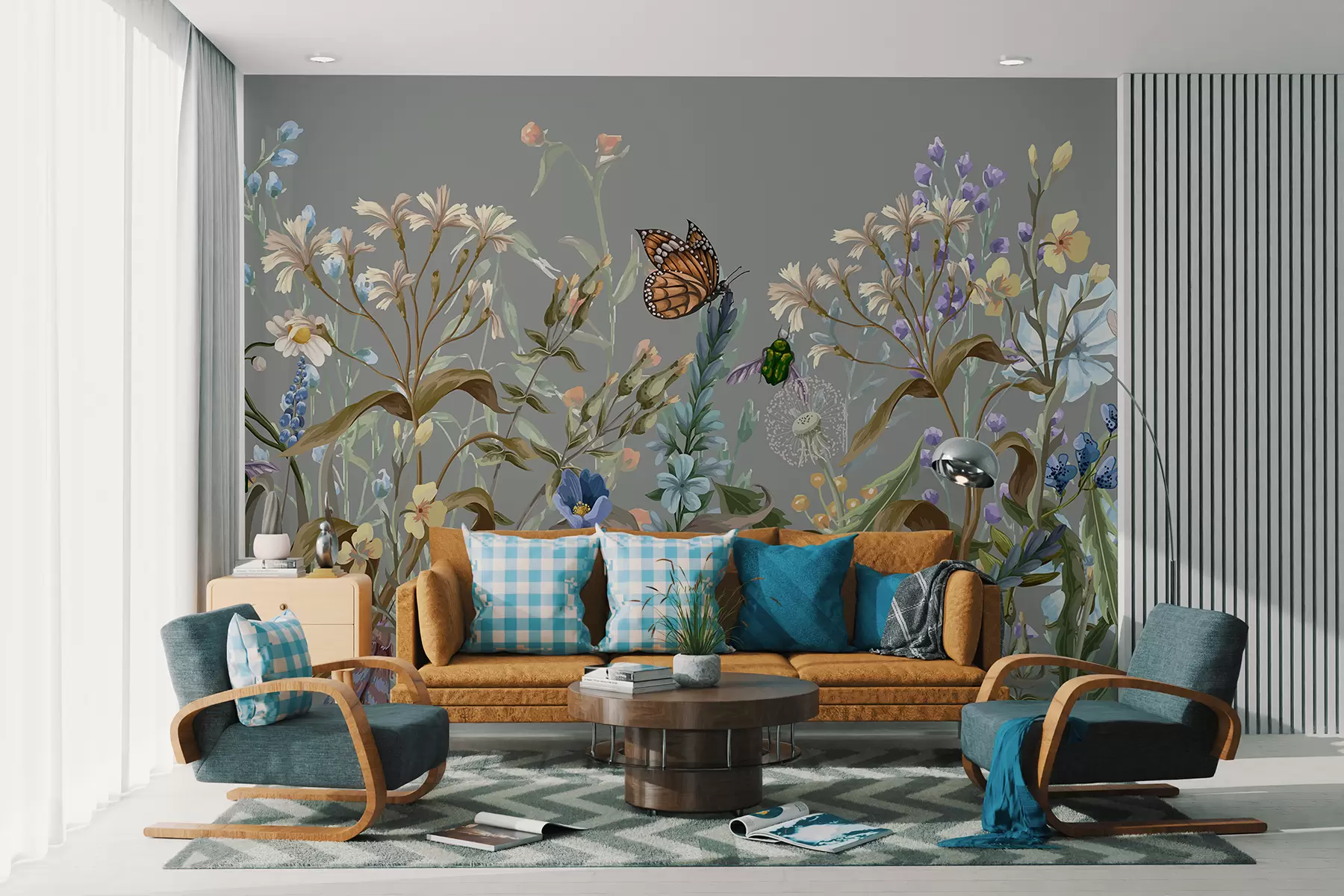 murais de parede Uma ilustração colorida em azul de uma cena de jardim exuberante e florido com insetos em um estilo onírico e fantástico w08234