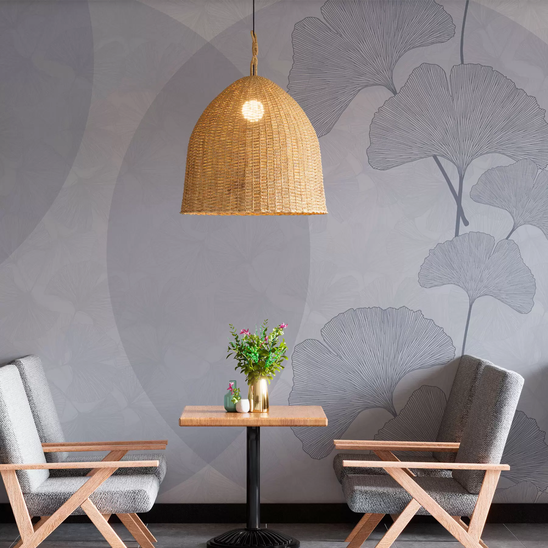murais de parede Folhas grandes de ginkgo e geometria de cor azul w01465v1