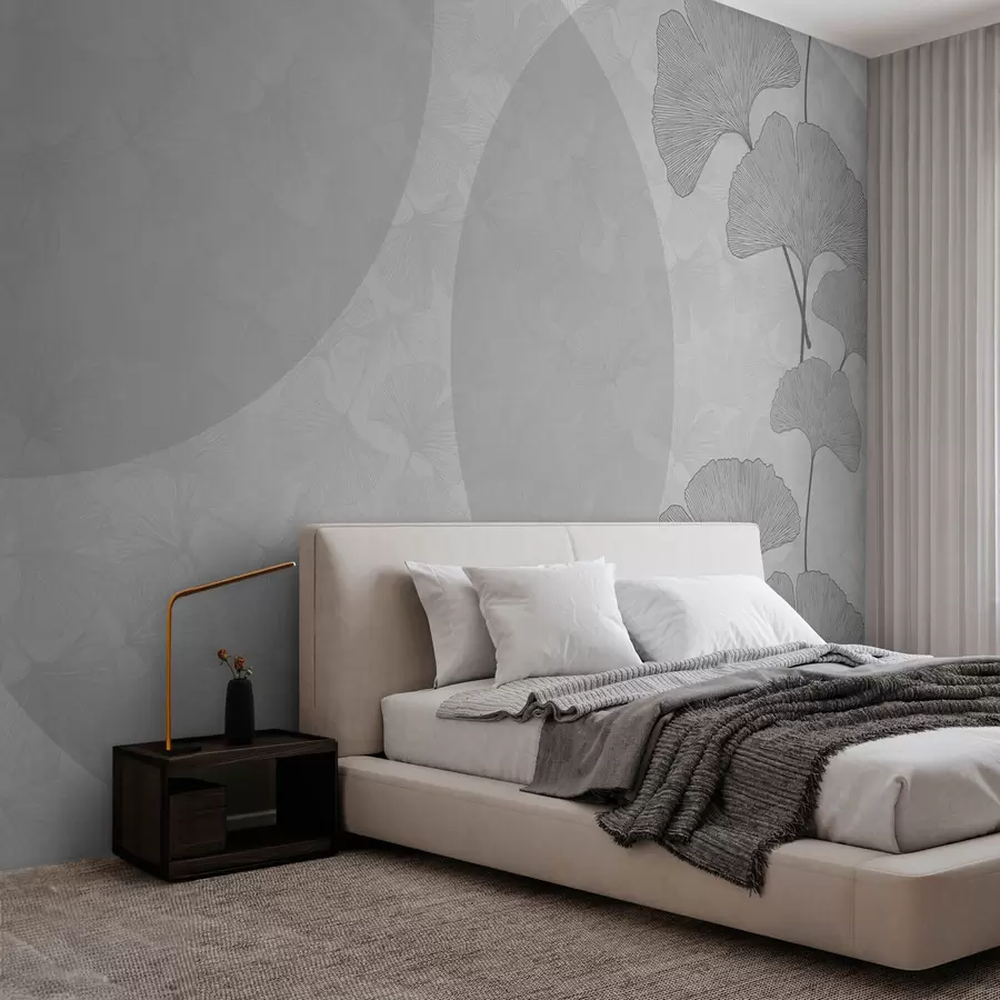 murais de parede Folhas grandes de ginkgo e geometria de cor cinza w01465v3