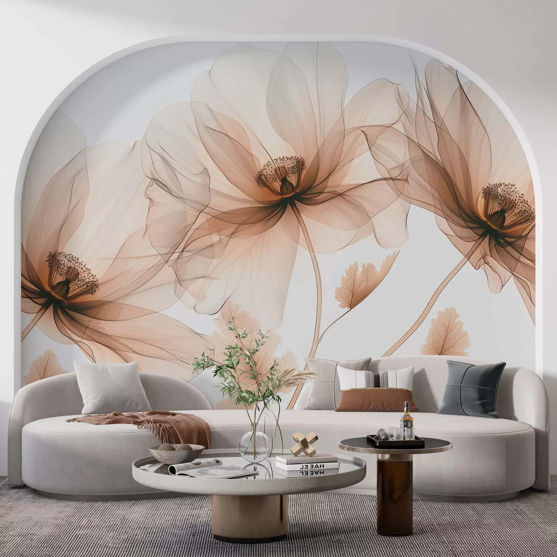 murais de parede Flor transparente delicada estilo raio-x em fundo branco Design botânico monocromático minimalista w01482