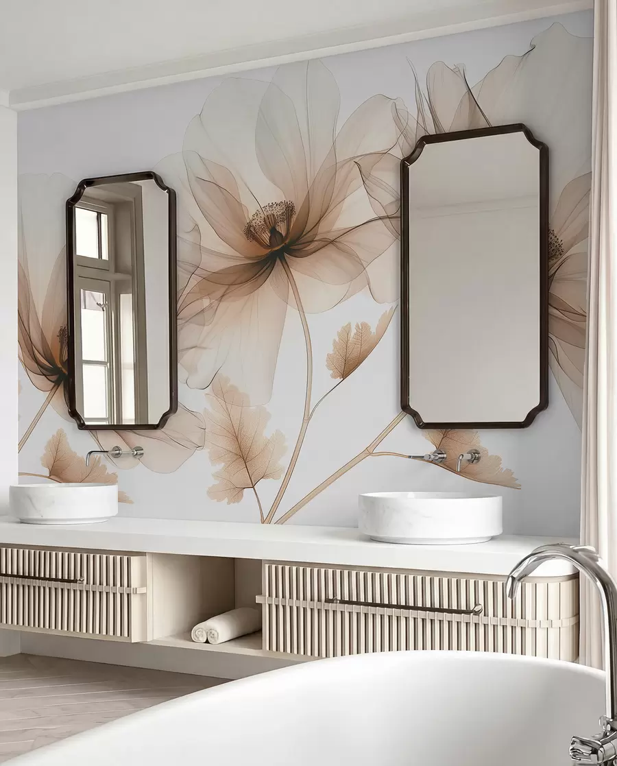 murais de parede Flor transparente delicada estilo raio-x em fundo branco Design botânico monocromático minimalista w01482