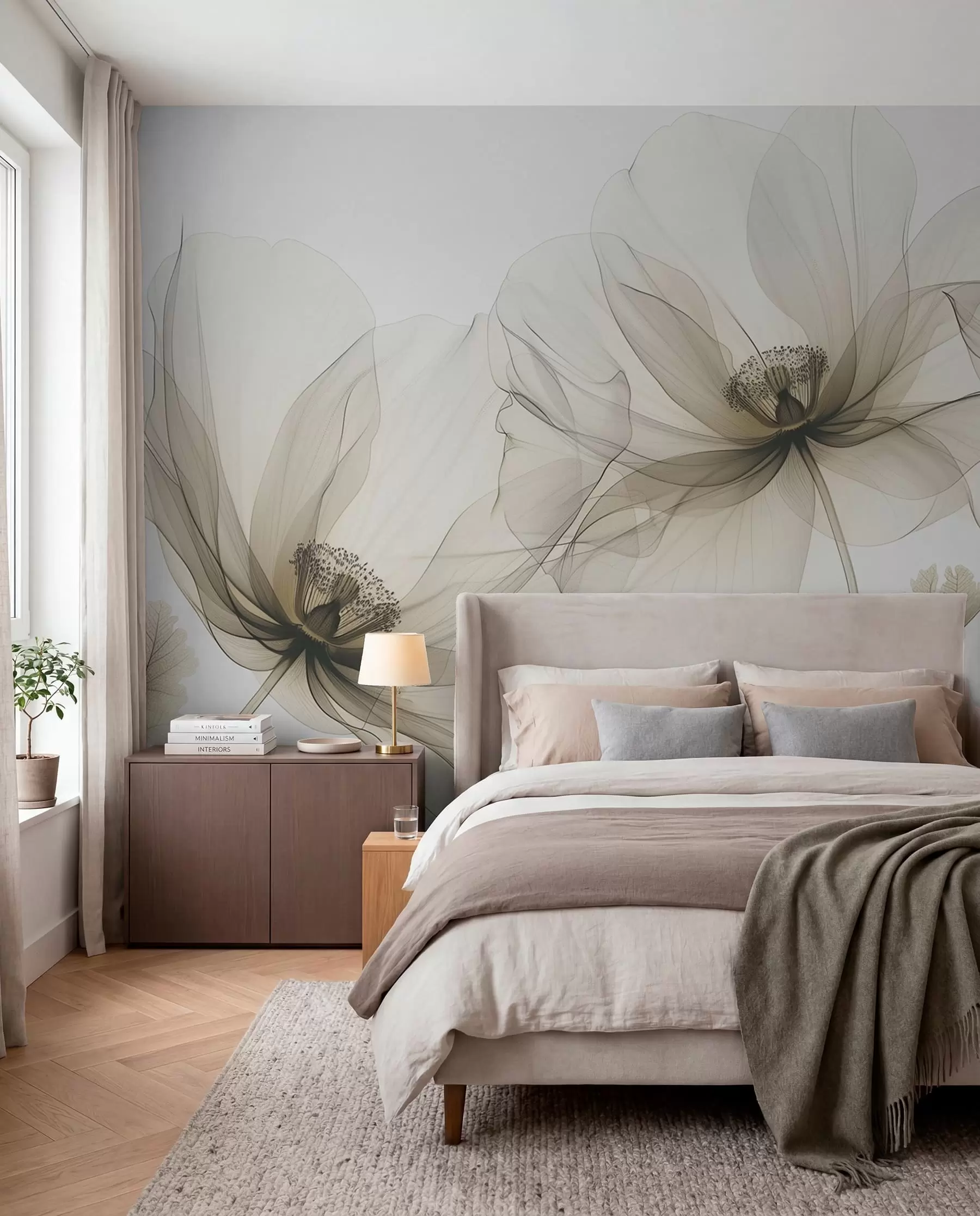 murais de parede Flor marrom transparente em estilo raio-X em fundo branco Design botânico monocromático minimalista w01482v2
