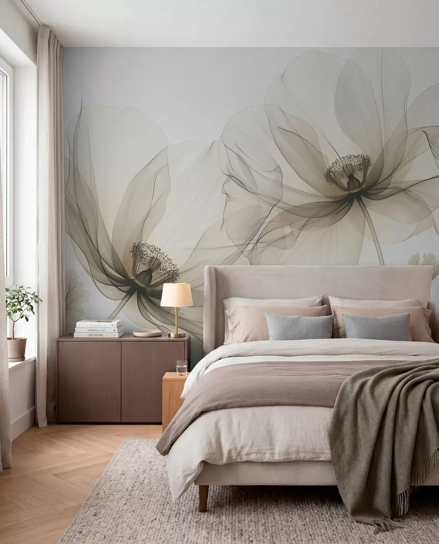murais de parede Flor marrom transparente em estilo raio-X em fundo branco Design botânico monocromático minimalista w01482v2