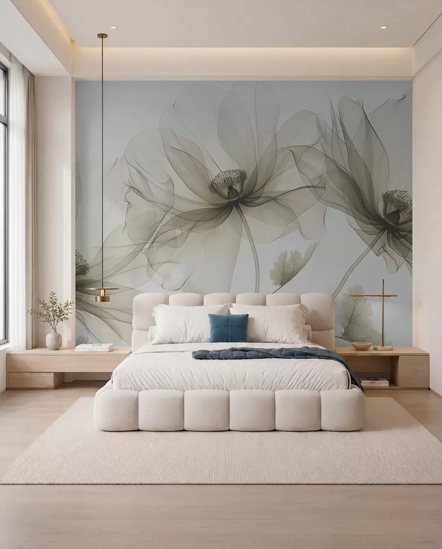 murais de parede Flor marrom transparente em estilo raio-X em fundo branco Design botânico monocromático minimalista w01482v2