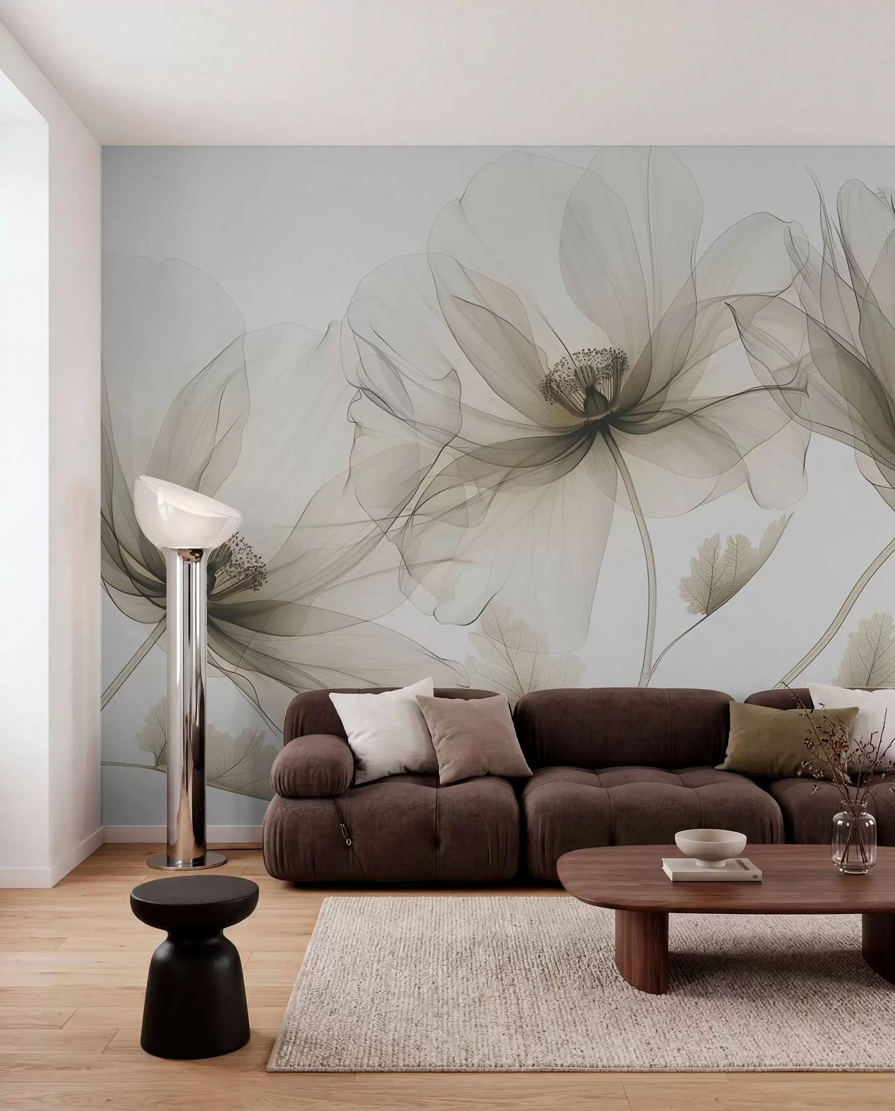 murais de parede Flor marrom transparente em estilo raio-X em fundo branco Design botânico monocromático minimalista w01482v2