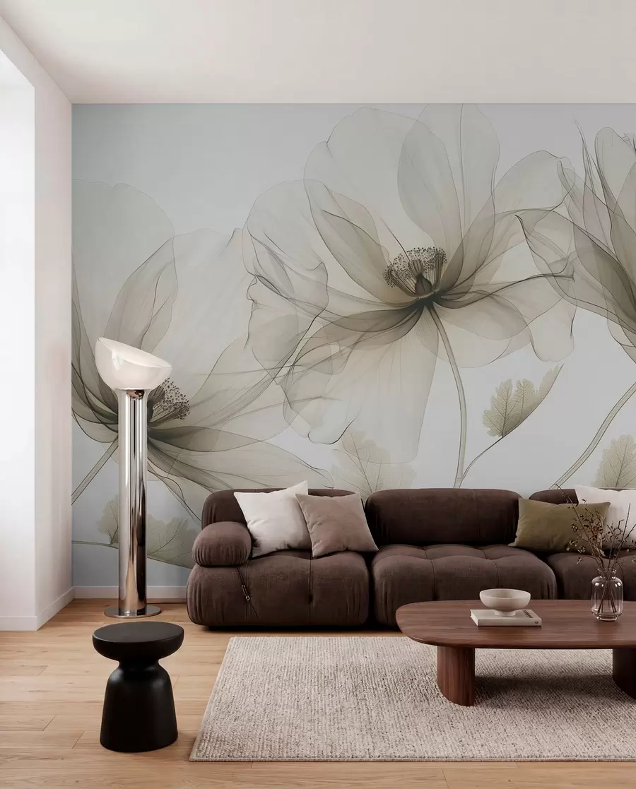 murais de parede Flor marrom transparente em estilo raio-X em fundo branco Design botânico monocromático minimalista w01482v2