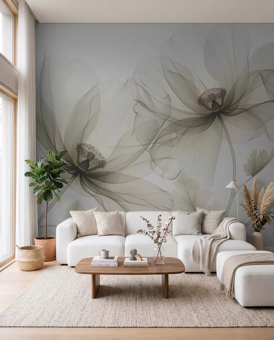 murais de parede Flor marrom transparente em estilo raio-X em fundo branco Design botânico monocromático minimalista w01482v2
