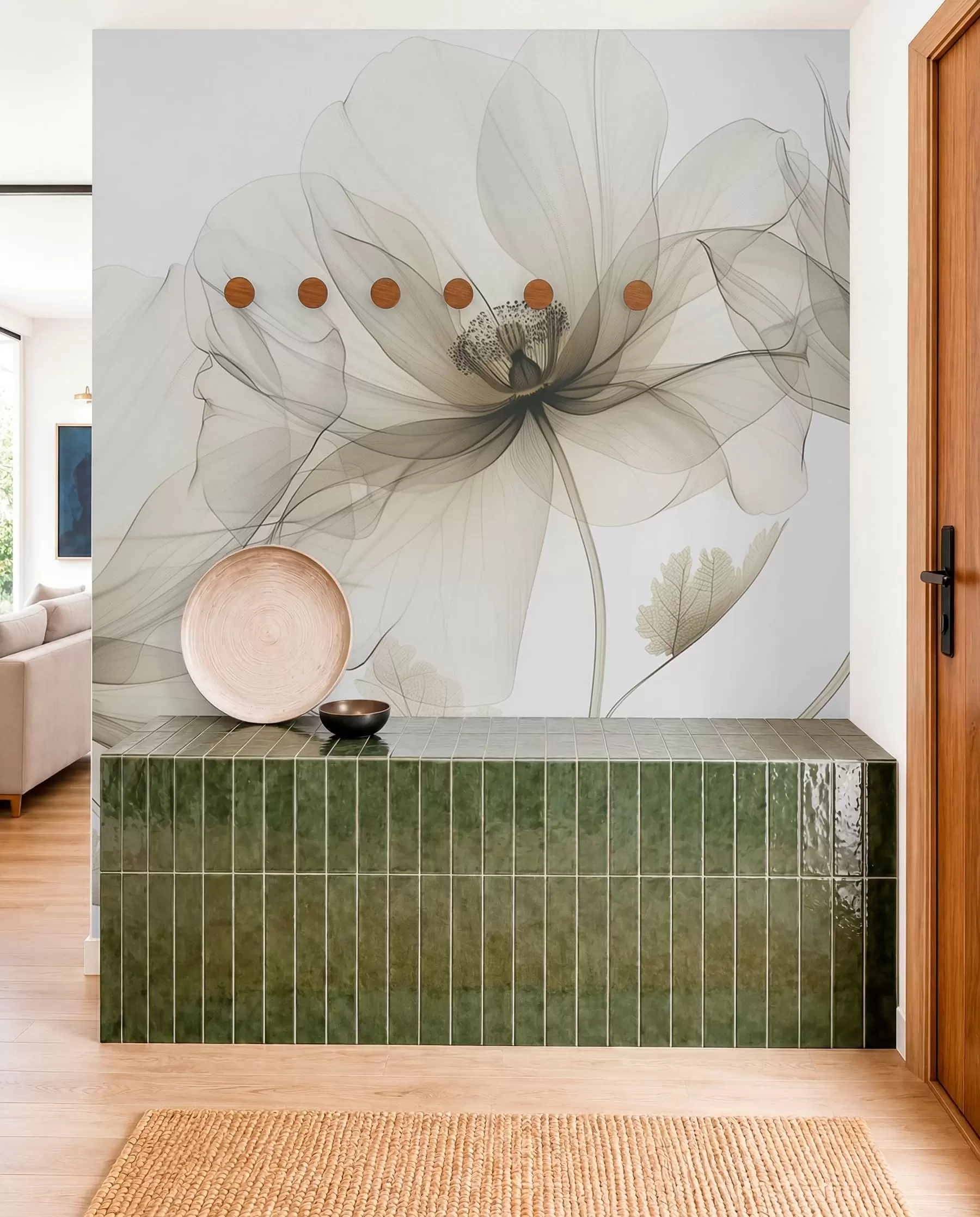murais de parede Flor marrom transparente em estilo raio-X em fundo branco Design botânico monocromático minimalista w01482v2