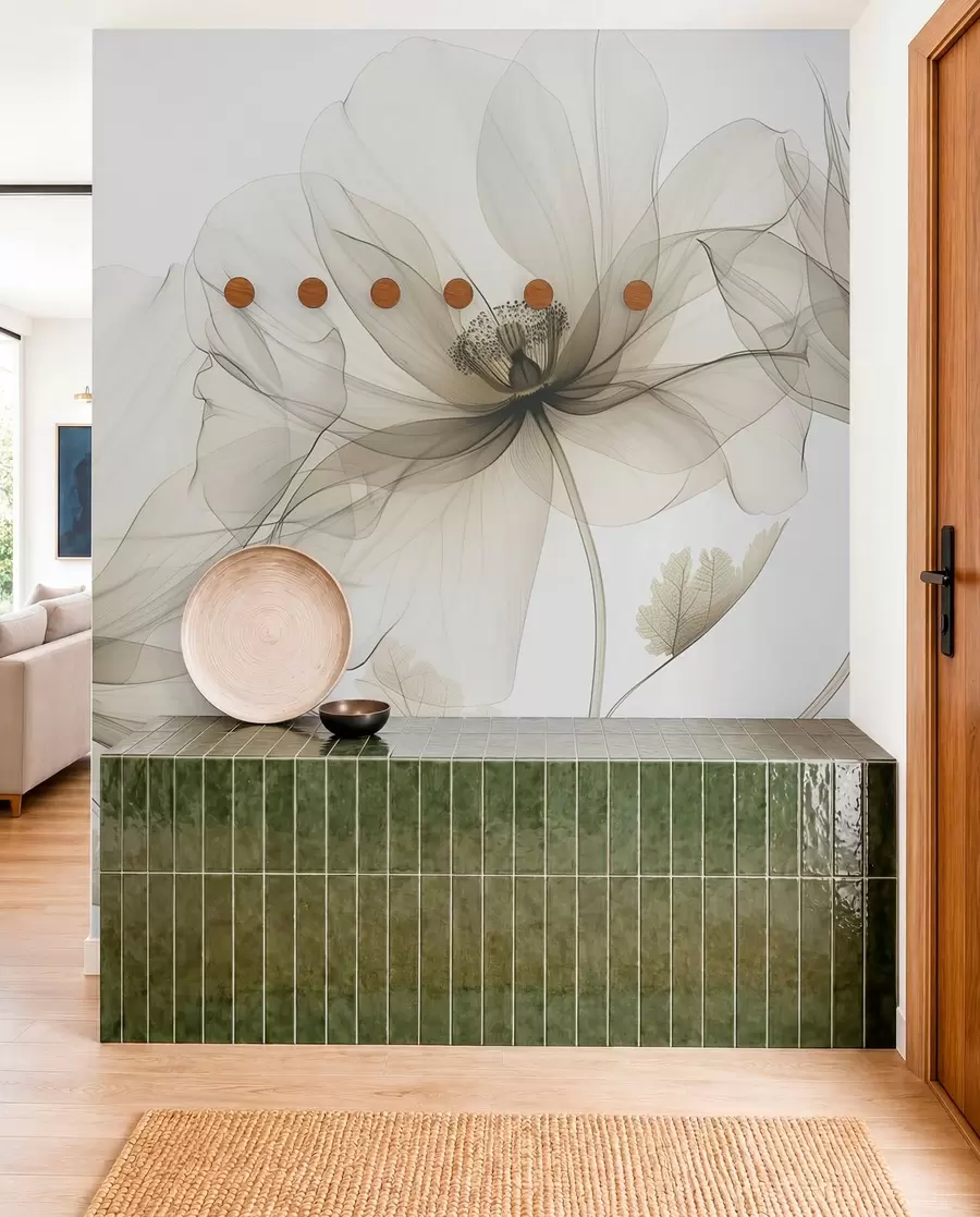 murais de parede Flor marrom transparente em estilo raio-X em fundo branco Design botânico monocromático minimalista w01482v2
