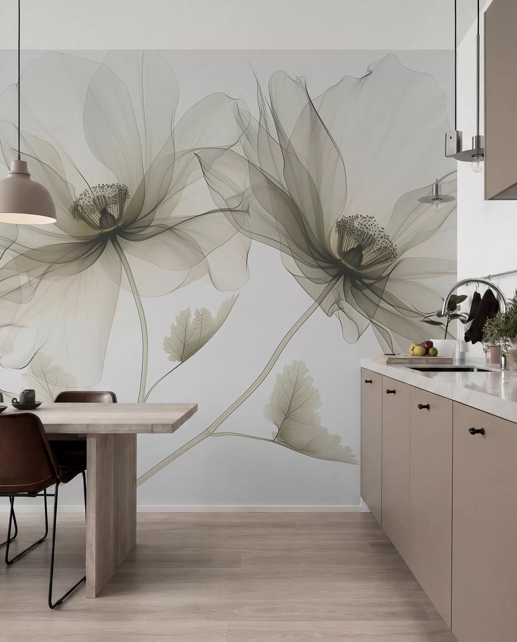murais de parede Flor marrom transparente em estilo raio-X em fundo branco Design botânico monocromático minimalista w01482v2
