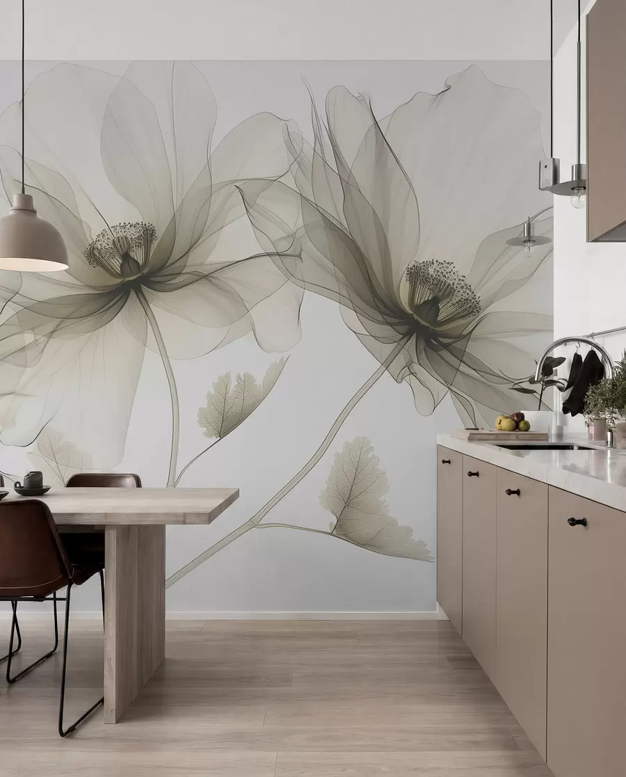 murais de parede Flor marrom transparente em estilo raio-X em fundo branco Design botânico monocromático minimalista w01482v2