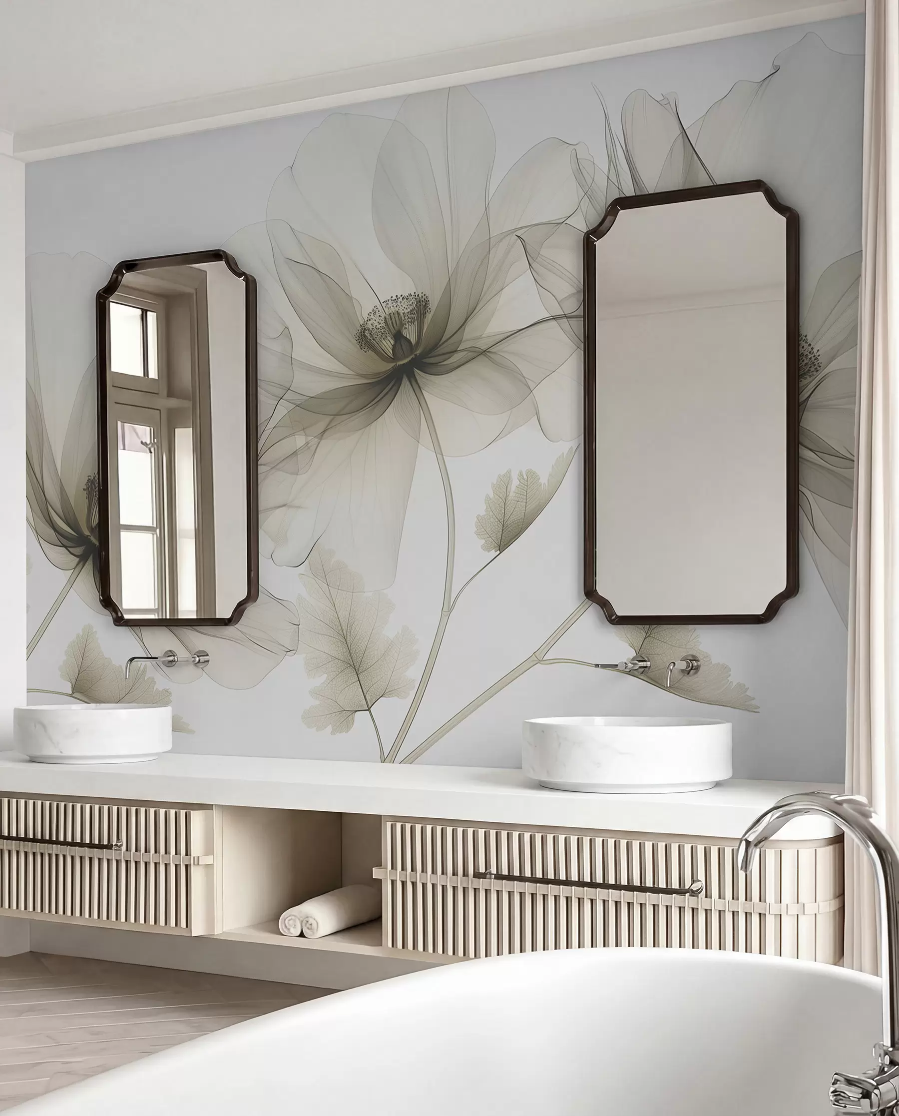 murais de parede Flor marrom transparente em estilo raio-X em fundo branco Design botânico monocromático minimalista w01482v2