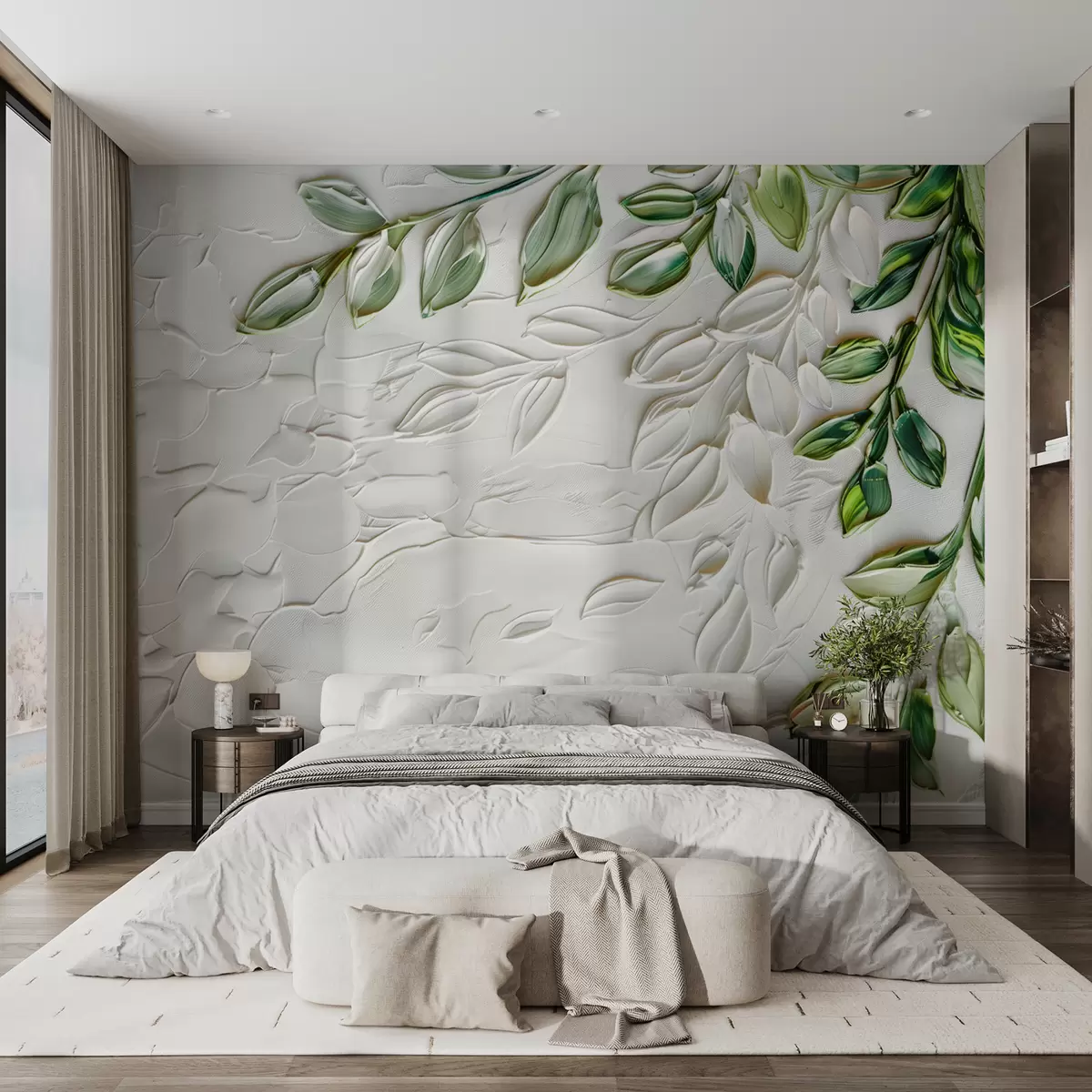 murais de parede Pintura a óleo 3D com galho verde sobre fundo branco, design minimalista em estilo boho w01470