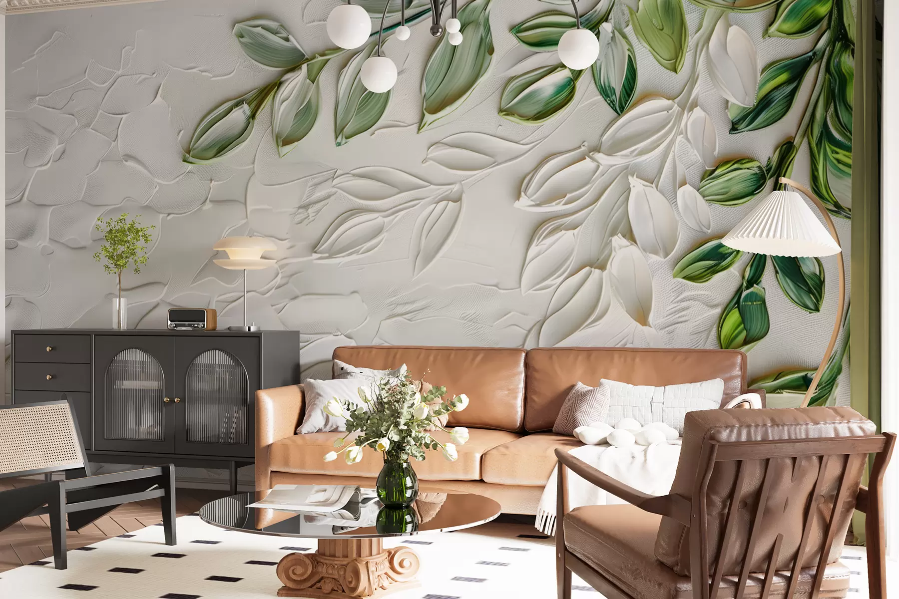 murais de parede Pintura a óleo 3D com galho verde sobre fundo branco, design minimalista em estilo boho w01470