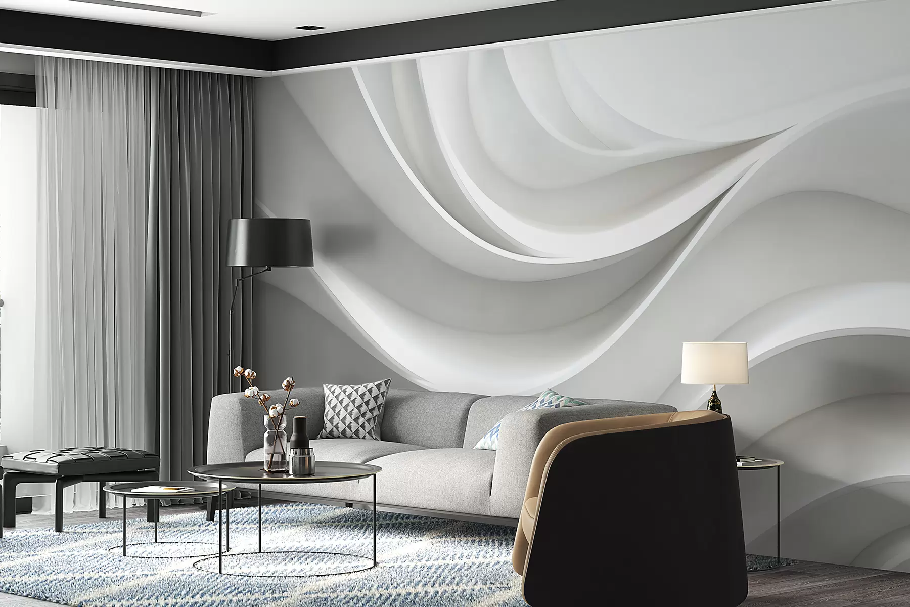 murais de parede Forma de onda abstrata volumétrica 3D branca w01471