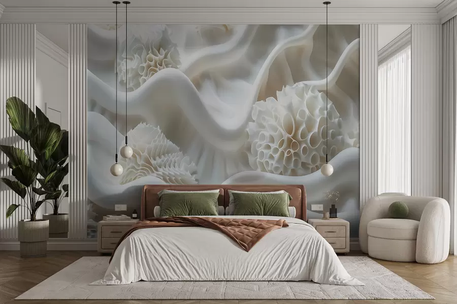 murais de parede Fundo ondulado abstrato de formas brancas em estilo 3D w01475