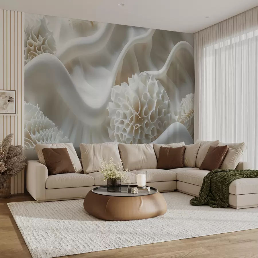murais de parede Fundo ondulado abstrato de formas brancas em estilo 3D w01475