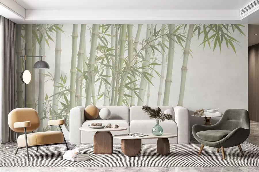 murais de parede Uma densa floresta de bambu com altos caules de bambu e folhas verdes contra um fundo suave e nebuloso w08237